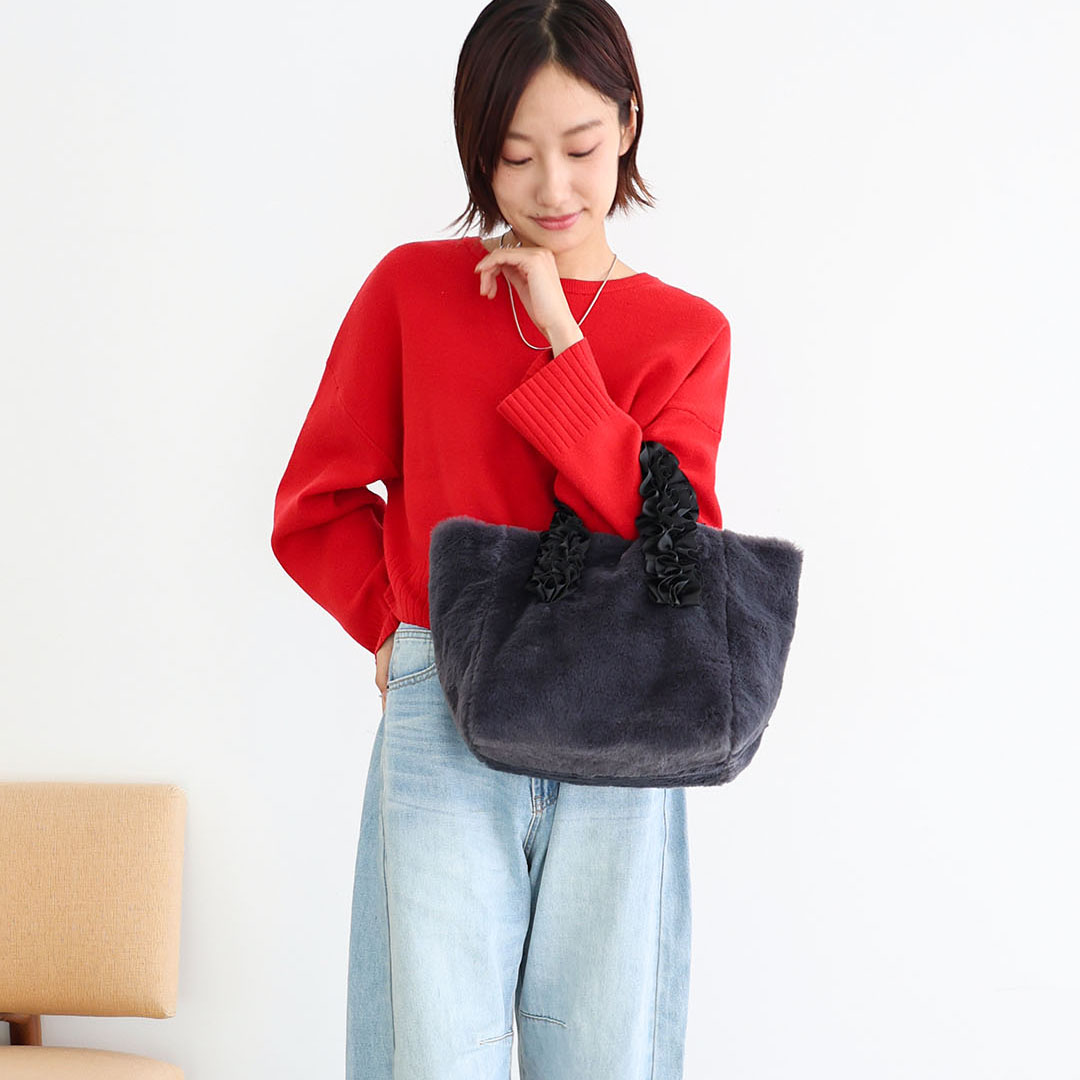 フェイクファーハンドルフリルミニトートバッグ